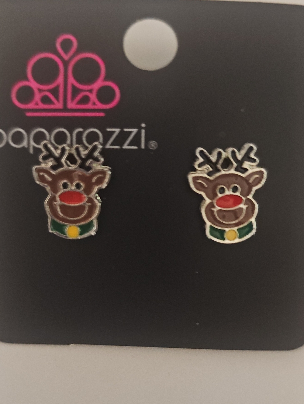 paparazzi Brown Reindeer Stud Earrings with Red Nose and Green Collar